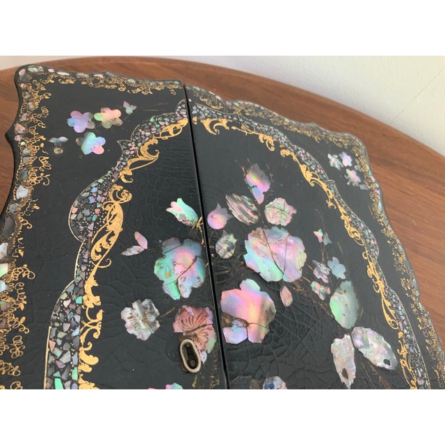 Wood 19th Century Antique Victorian Papier-Mâché & Mother of Pearl Lacquered Writing Slope, Lap Desk, Box. Original Velvet & Secret Compt. See Photos! For Sale - Image 7 of 11