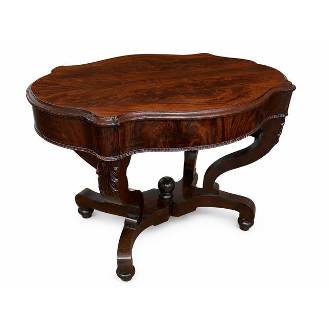 Restored Burled Wood Oval Center Table With Bookmatched Top & Scrolled Pedestal Base For Sale In New York - Image 6 of 8