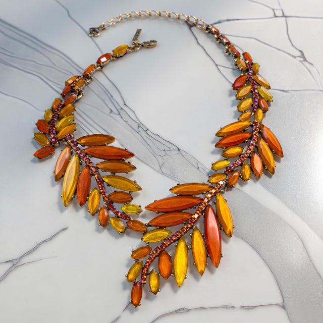 2010s Oscar De La Renta 22k Gold Plated Orange Amber Resin Leaf Statement Necklace For Sale - Image 5 of 13