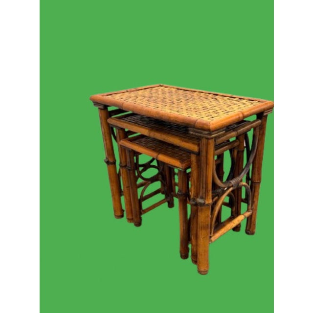 Vintage Chinoiserie Burnt Bamboo, Cane Nesting Tables - Set of 3 For Sale In Miami - Image 6 of 9