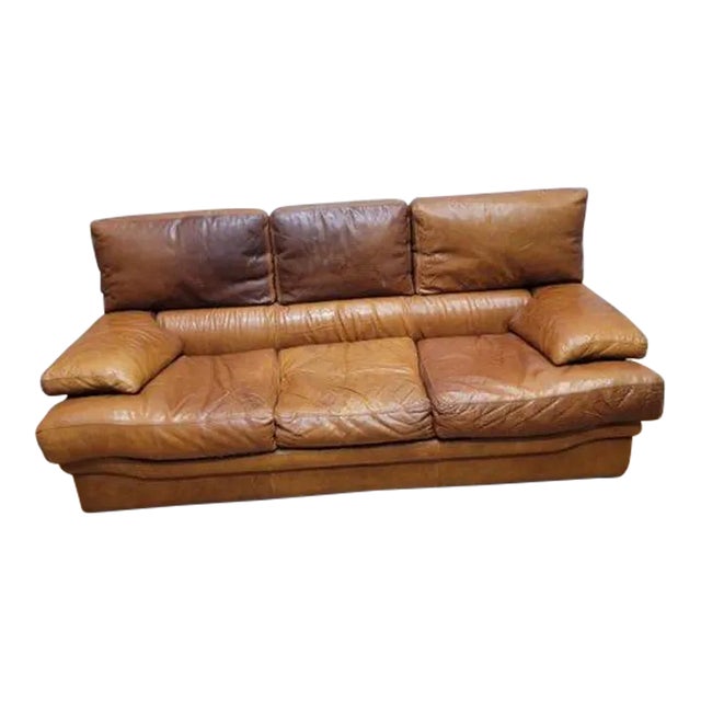 Vintage Italian Distressed Cognac Leather Sofa For Sale