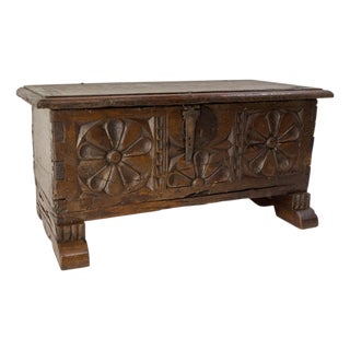 Antique French Rustic Chest in Carved Oak and Wrought Iron, 1900 For Sale