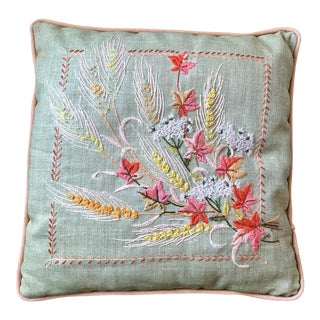 Green Linen Vintage Pillow With Salmon, Yellow, Mustard and White Floral Embroidery For Sale