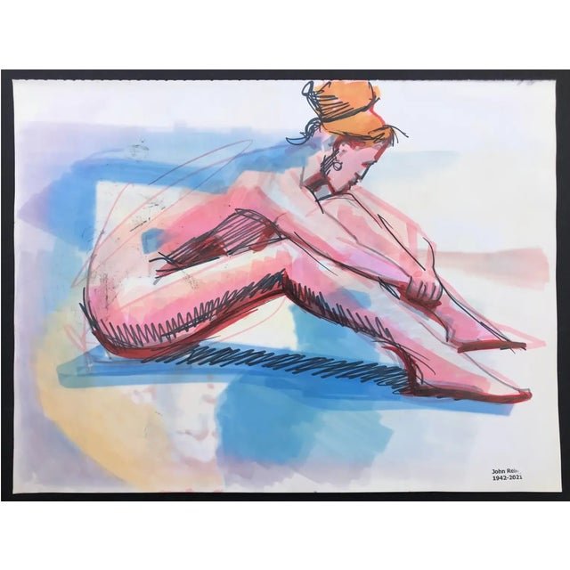 1980s double sided female nude marker and watercolor painting by Pennsylvania artist John Reilly (1942-2021). Estate stamp...