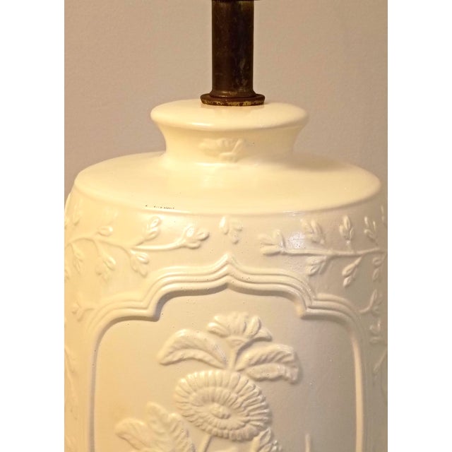 1980s 1980s Blanc De Chine Table Lamp Base White Porcelain Chinoiserie Chrysanthemum Relief Patinated Brass Base Grandmillenial Cottage Accent Decor For Sale - Image 5 of 13