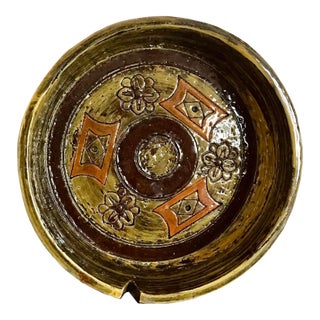 Italy Mid Century 1950s Hand Painted Green Ceramic Ashtray Bowl Catch All / Raymor Bitossi Aldo Londi For Sale