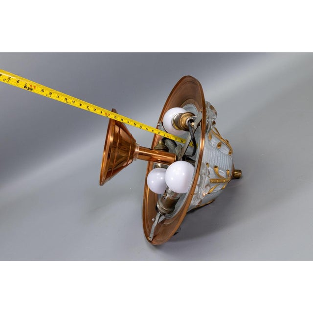 Art Deco French Copper and Frosted Glass Three-Light Ceiling Light, 1930s For Sale - Image 15 of 18