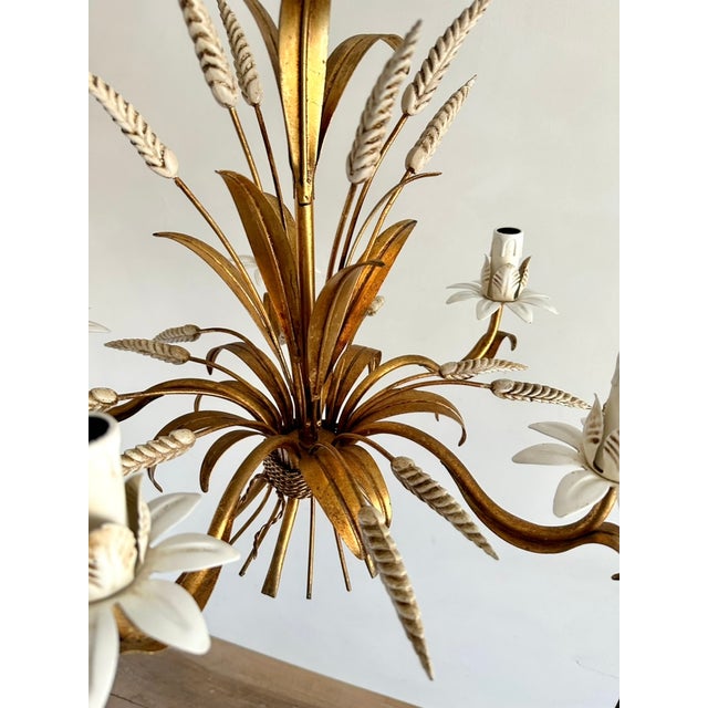 Vintage Gilt Wheat Sheaf Chandelier with White Floral Details, France, 1960s For Sale - Image 12 of 13