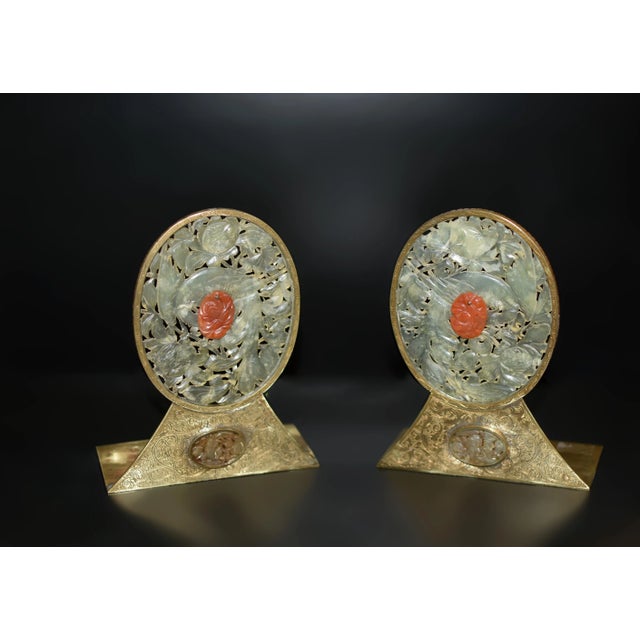 Chinese Pair Antique Chinese Serpentine Jade Red Agate Engraved Brass Bookends For Sale - Image 3 of 13