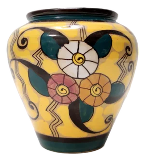 Futurist Yellow Glazed Earthenware Vase with Floral Motifs, Italy, 1920s