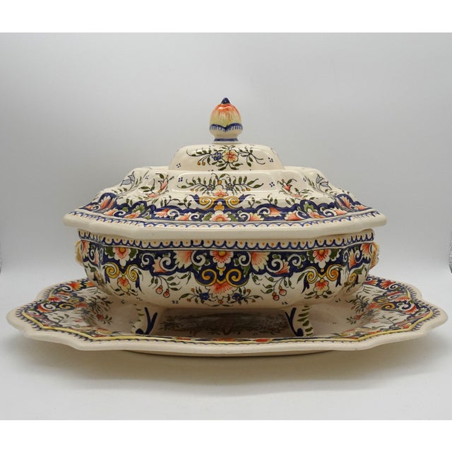 Large Vintage Hand Painted French Vieux Rouen Tureen with Charger, 1930s For Sale - Image 3 of 18