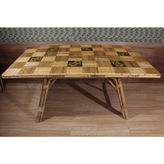 Boho Chic Rattan and Ceramic Dining Room Table from Audoux Minet by Adrien Audoux & Frida Minet, 1960s For Sale - Image 3 of 8