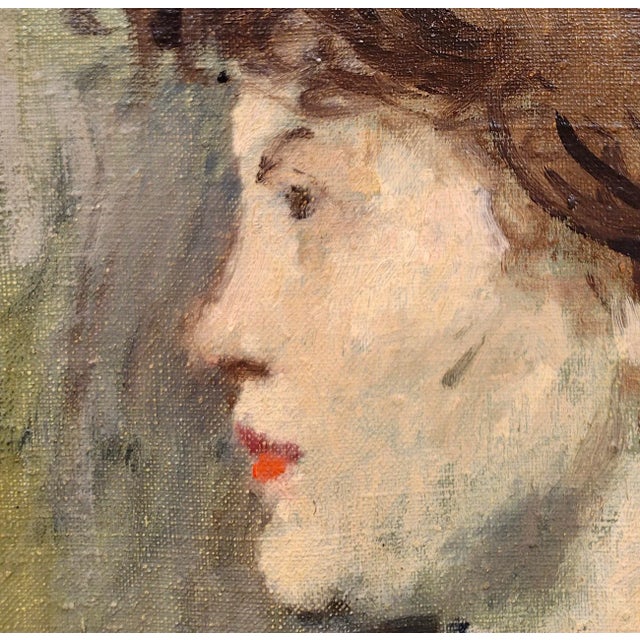 American Raphael Soyer -Portrait in Profile of a Woman Wearing a Pearl Necklace-1930s Oil Painting For Sale - Image 3 of 9