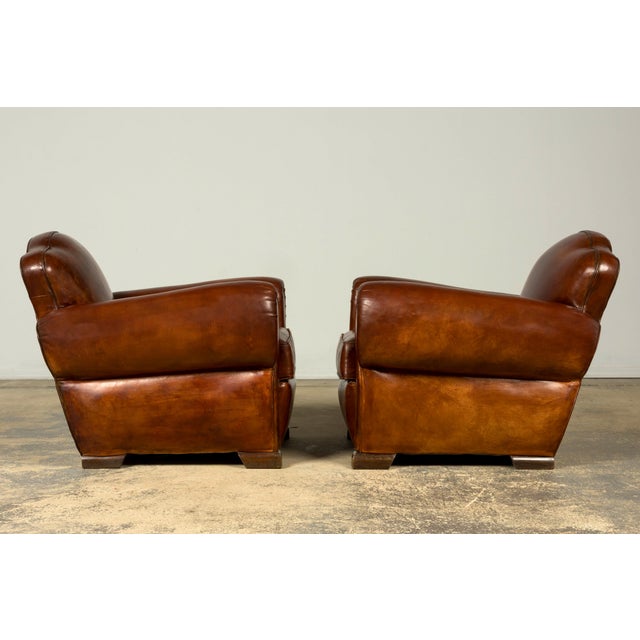 1940s French Art Deco Cognac Leather Club Chairs, Pair For Sale - Image 12 of 18