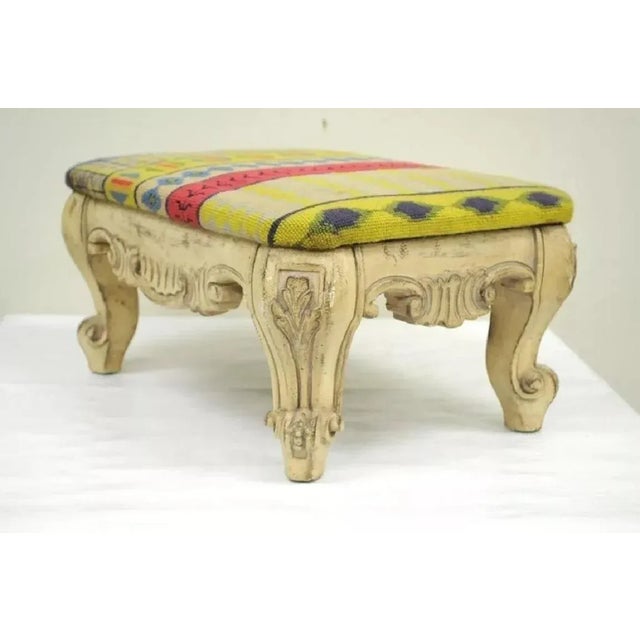 Vintage French Baroque Style Wooden Distress White Painted Footstool Ottoman. Circa Mid 20th Century. Measurements: 10" H...