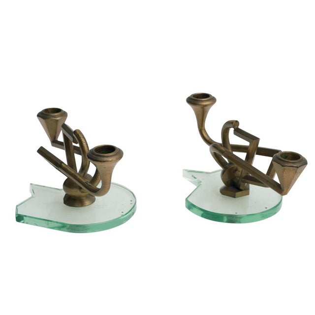 Italian Candleholders in Brass and Crystal, 1950s, Set of 2 For Sale - Image 4 of 6
