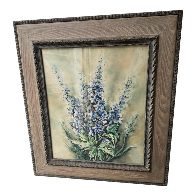 Mid 20th Century Vintage Ornate Oak Framed Artist Signed Floral Still Life Watercolor Painting For Sale