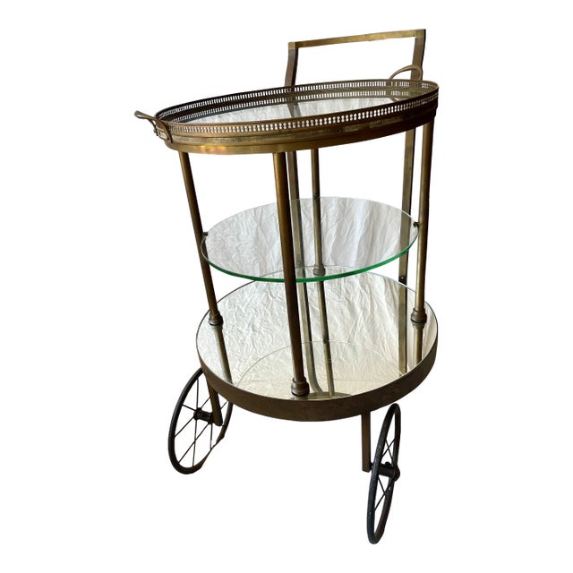 Early 20th Century Italian Rotating Round Brass & Glass Bar/Desert Cart Trolley Removeable Tray For Sale
