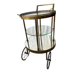 Early 20th Century Italian Rotating Round Brass & Glass Bar/Desert Cart Trolley Removeable Tray