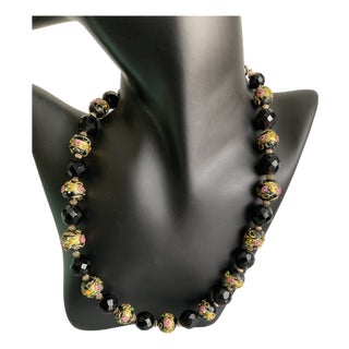 Vintage Italian Murano Black & Gold Floral Art Glass Bead Necklace – Applied Roses For Sale
