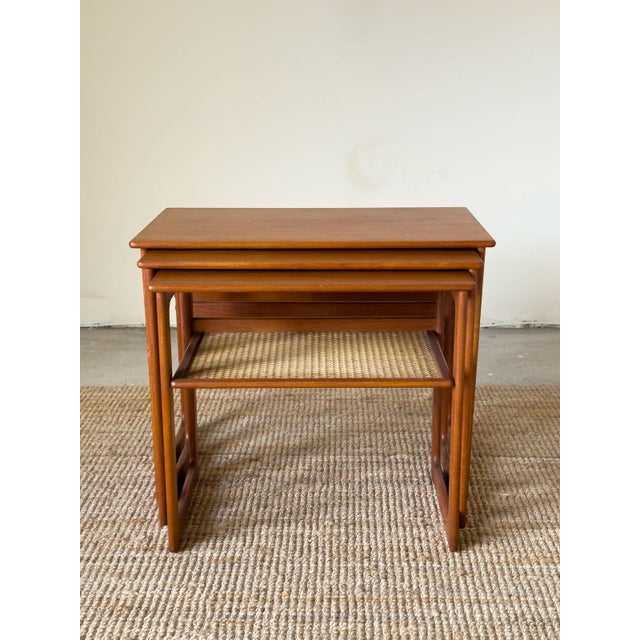 Mid-Century Modern Teak Nest of Tables with Rattan Shelf by Johannes Andersen for Silkeborg, 1960s, Set of 3 For Sale - Image 3 of 17