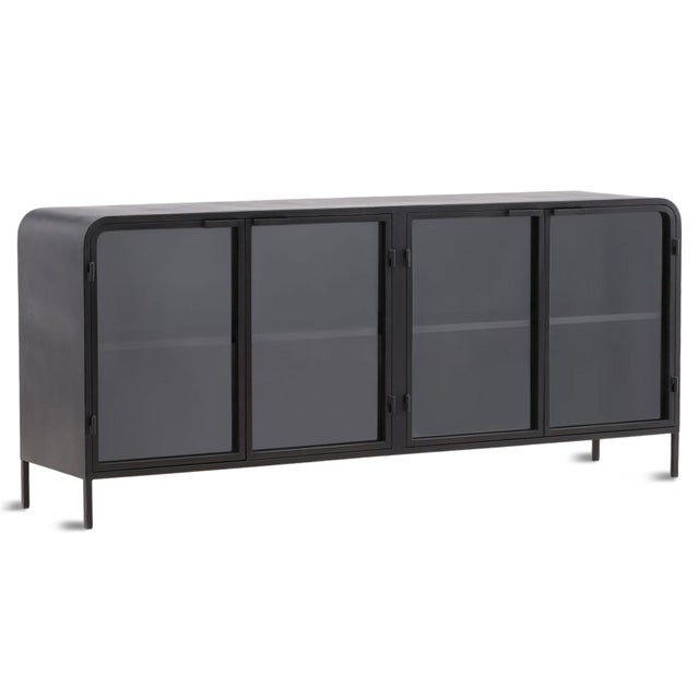 Modern black iron buffet / sideboard with rounded edges and glass panel doors. Weighs approx. 165 lbs.