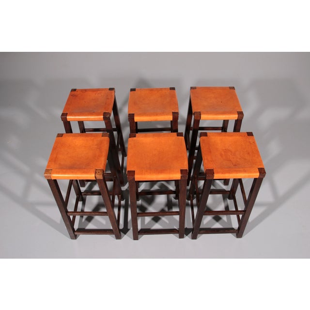 Brutalist Mid-Century Oak Bar Stools with Cognac Leather Seats, 1970, Set of 6 For Sale - Image 3 of 7