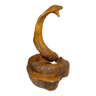 Antique Hand Carved Wood Glass Eyes Folk Art Snake Cobra Sculpture Statue Figure For Sale