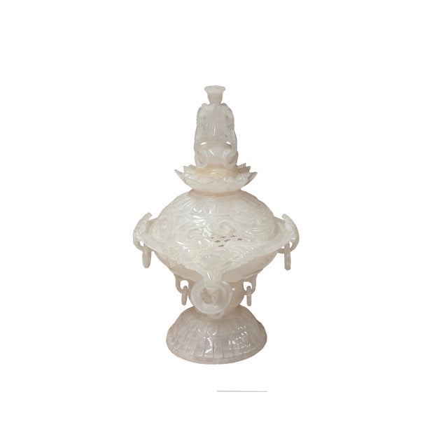 Asian Dragon Relief Carving White Stone Incense Holder Lidded Urn Ceremonial Vessel For Sale In San Francisco - Image 6 of 18