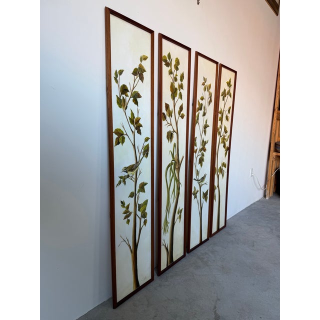 Mid-Century Modern 1970’s Vintage Heon Tropical Botanical and Bird Oil on Canvas Paintings – Set of 4 Panels For Sale - Image 3 of 12