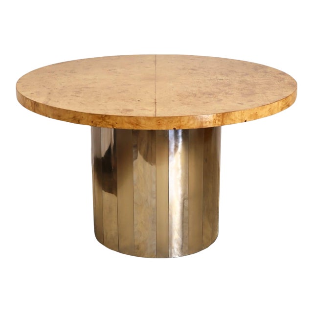 Milo Baughman Style Custom Vintage Mid Century Modern Burl and Chrome Pedestal Dining Table C. 1960s For Sale