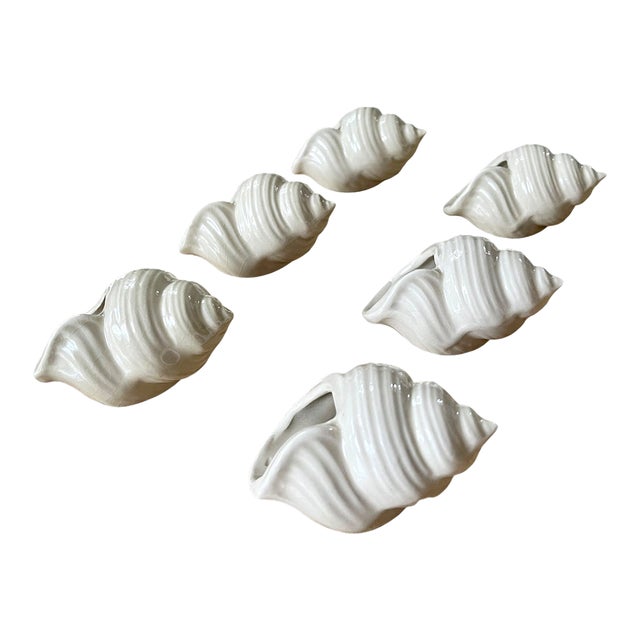 1980s Coastal White Ceramic Seashell Napkin Rings - Set of Six For Sale