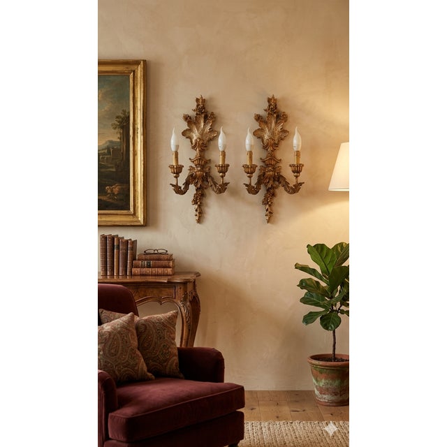 Hand-Carved Wood Wall Lamps, 1890s, Set of 2, in Flawless conditions. Designed 1890 to 1919 European Plug (up to 250V).The...