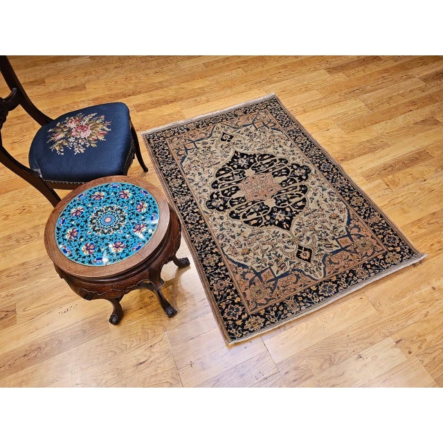 19th Century 19th Century Persian Farahan Sarouk Rug, Hand-Knotted Wool, Floral Medallion Pattern, Ivory & Navy, 4x5 For Sale - Image 5 of 16