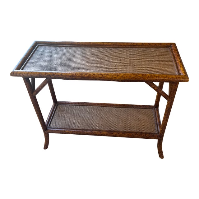 Vintage Bamboo and Cane 2 Tiered Console Table With Tortoiseshell Finish For Sale