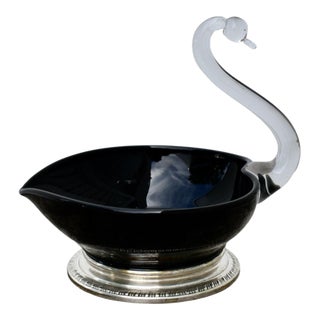 Vintage Clear Swan With Black Glass Bowl on Sterling Silver Base For Sale