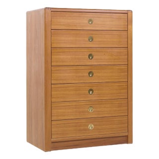 D Scan Captain Line Mid Century Danish Teak and Brass Highboy Dresser For Sale