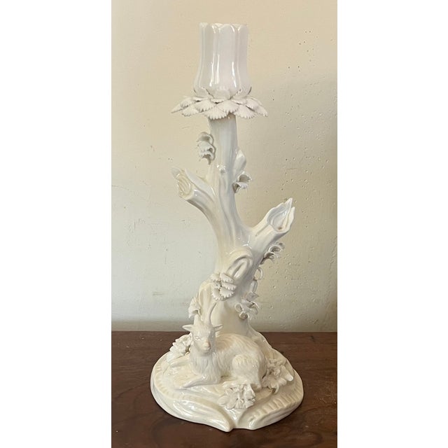 Antique 18th century Derby porcelain blanc de Chine candlestick holder. Faux bois tree form stem with foliate nozzle. A...