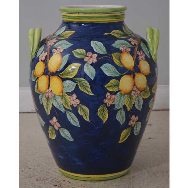 Italian Majolica Large Italian Lemon & Leaf Vase W. Handles For Sale - Image 3 of 13