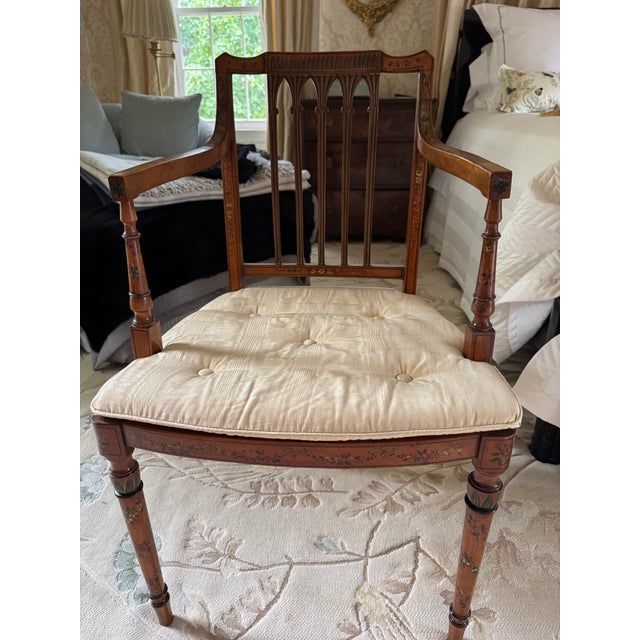 Early 20th Century Edwardian Satinwood Floral Painted Armchair With Cane Seat For Sale - Image 16 of 18