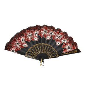 Vintage Chinoiserie Hand Held Silk Fan Black Red Gold Flower Motif