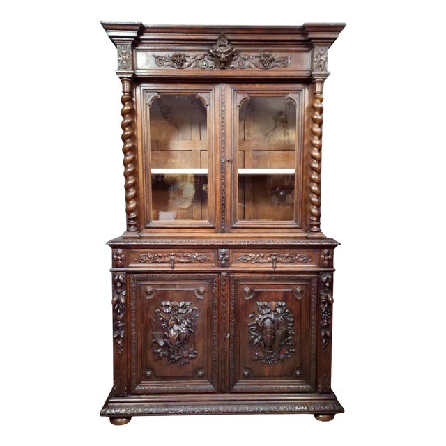 Antique Renaissance Carved Wooden Two-Part Bookcase For Sale