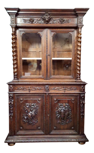 Antique Renaissance Carved Wooden Two-Part Bookcase