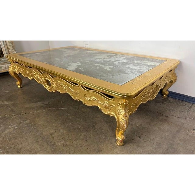 Mid 20th Century Giltwood Rococo Coffee Table With Antiqued Mirrored Top For Sale - Image 5 of 17