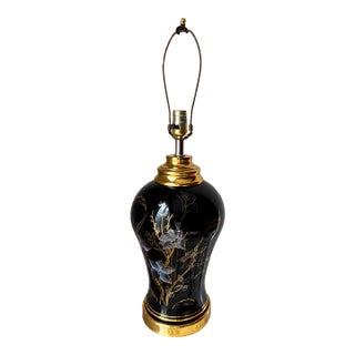 Vintage Black and Gold Floral Ceramic Table Lamp For Sale