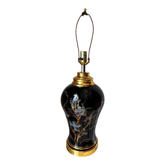 Vintage Black and Gold Floral Ceramic Table Lamp For Sale