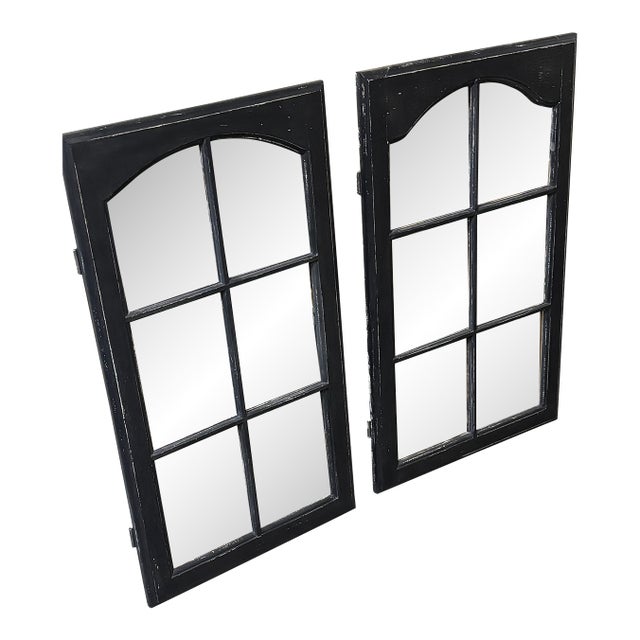 Pair - Vintage Framed Arched 6 Window Pane With Mirror For Sale