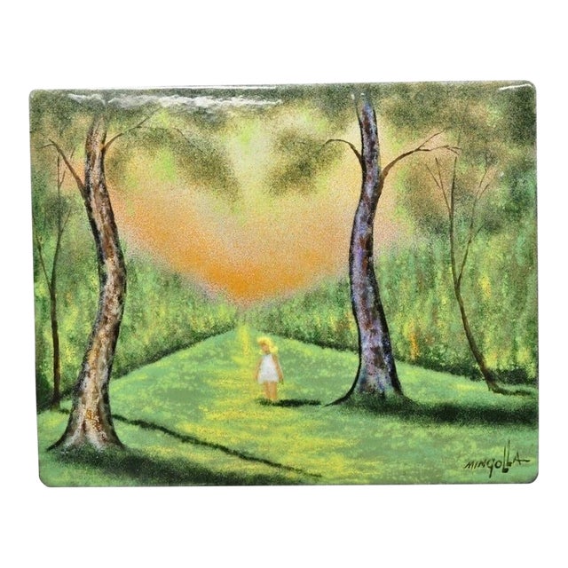 Late 20th Century Dom Dominic Mingolla Enamel on Copper Girl in Green Forest and Tall Trees For Sale