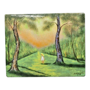 Late 20th Century Dom Dominic Mingolla Enamel on Copper Girl in Green Forest and Tall Trees