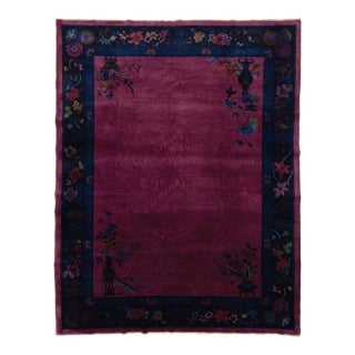 Antique Chinese Art Deco Rug Vibrant Plum & Navy Wool 9x12 For Sale